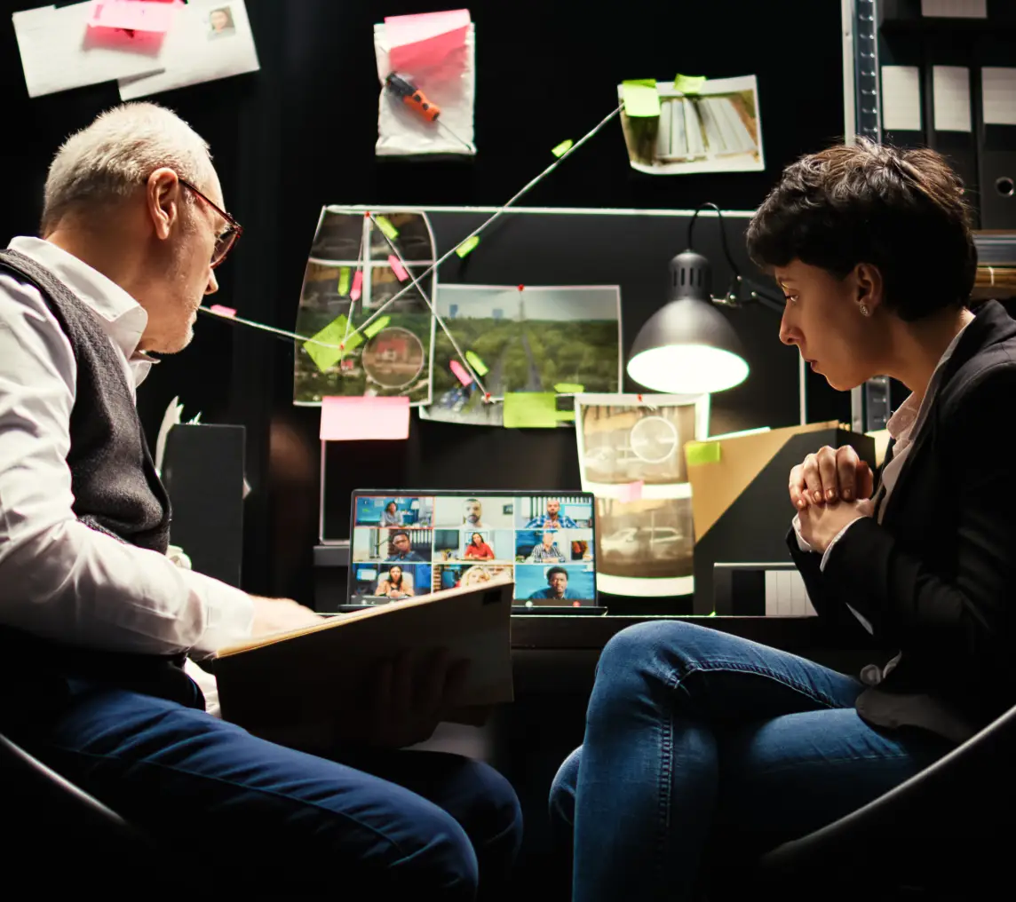Two people discussing in a dimly lit office.