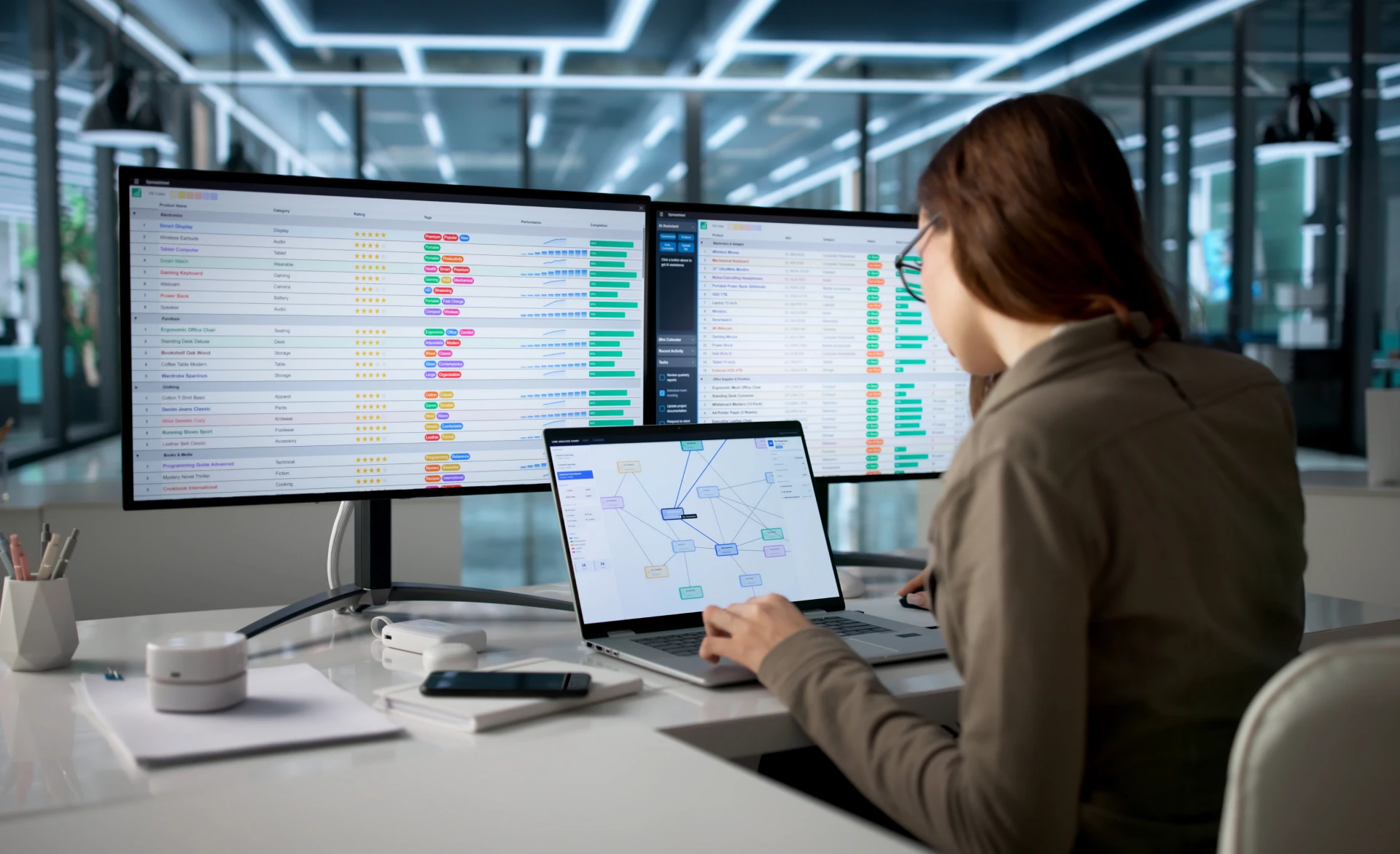 Office worker using dual monitors and laptop